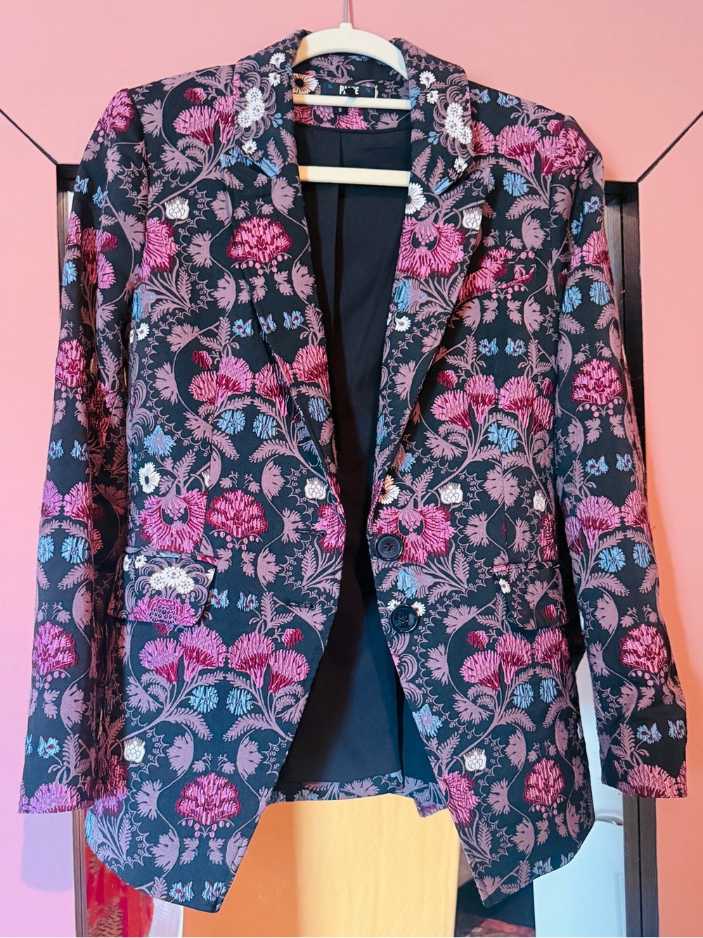 PAIGE Black Floral Jacquard Blazer with Pink and Blue Accents